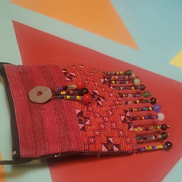 Bohemian Hemp Red Beaded Crossbody Bag From Thailand - Picture 3 of 7